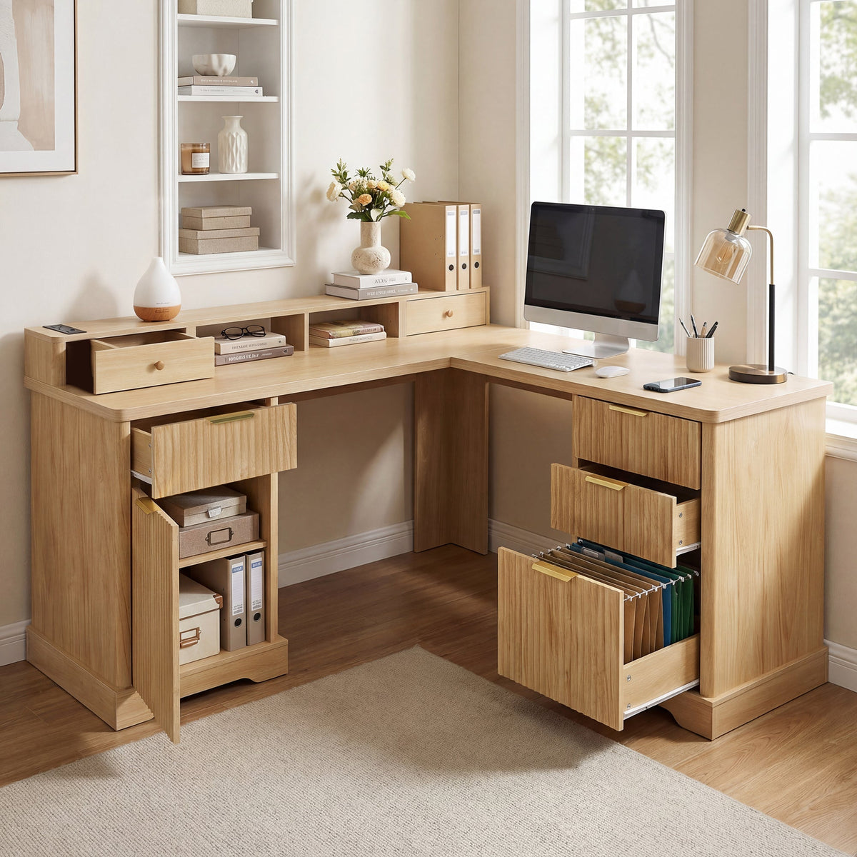 59" Modern Fluted L-Shaped Desk with Charging Station &amp; Storage