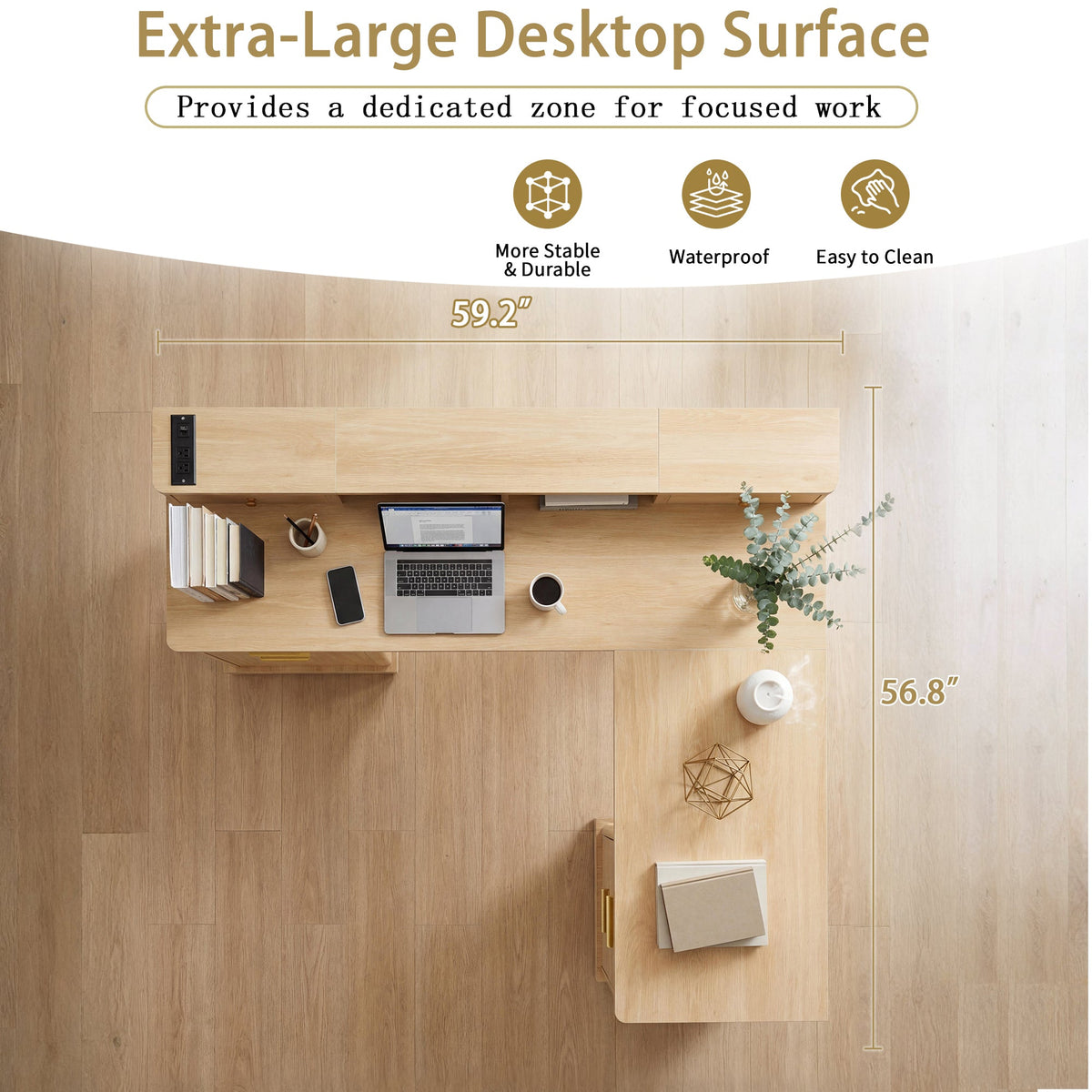 59" Modern Fluted L-Shaped Desk with Charging Station &amp; Storage