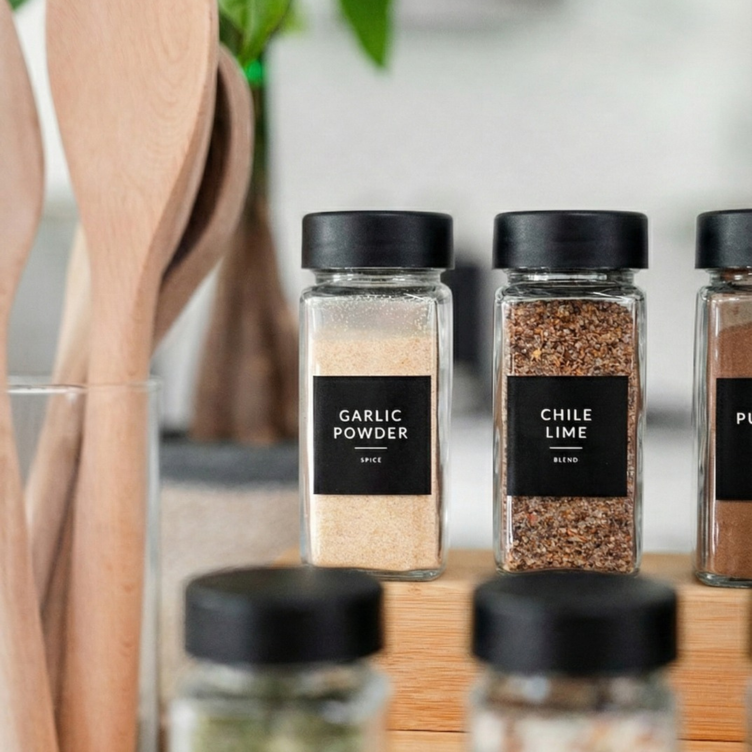 Glass Spice Jars with Black Plastic Lids - 24 PACK