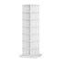A white cylindrical rotating bookshelf with multiple curved shelves and a square base, shown on a plain white background.