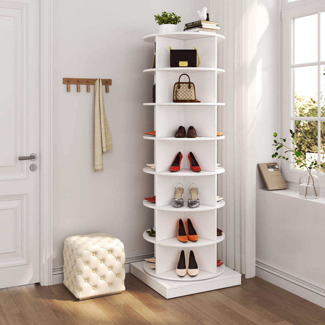 White corner shelf with shoes and decor items in a room with a door and window.