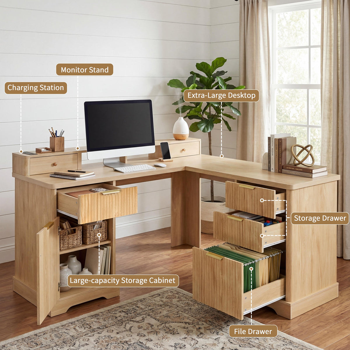 59" Modern Fluted L-Shaped Desk with Charging Station &amp; Storage