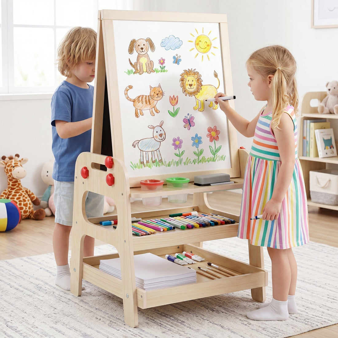 2-in-1 Kids Art Easel with Magnetic Whiteboard &amp; Marble Run