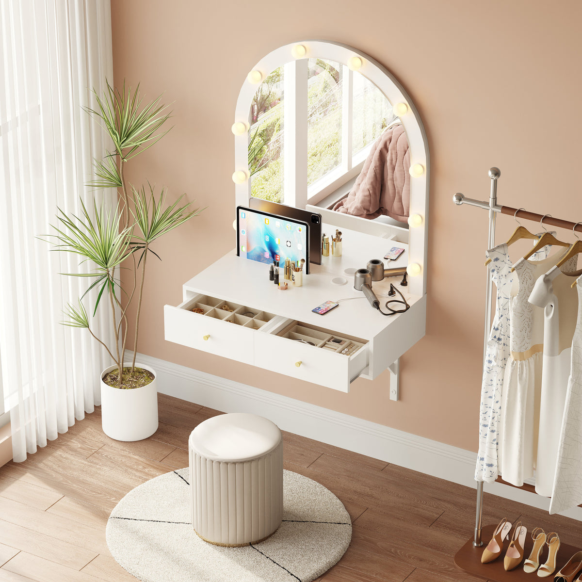 Floating Makeup Vanity Desk with Mirror &amp; 3-Color Lights
