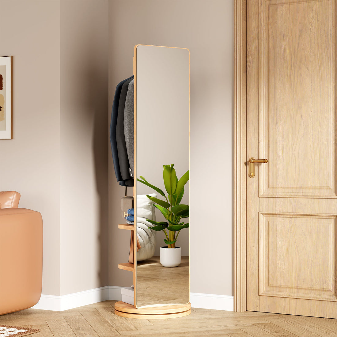 Full-length mirror in a room with a plant and door.