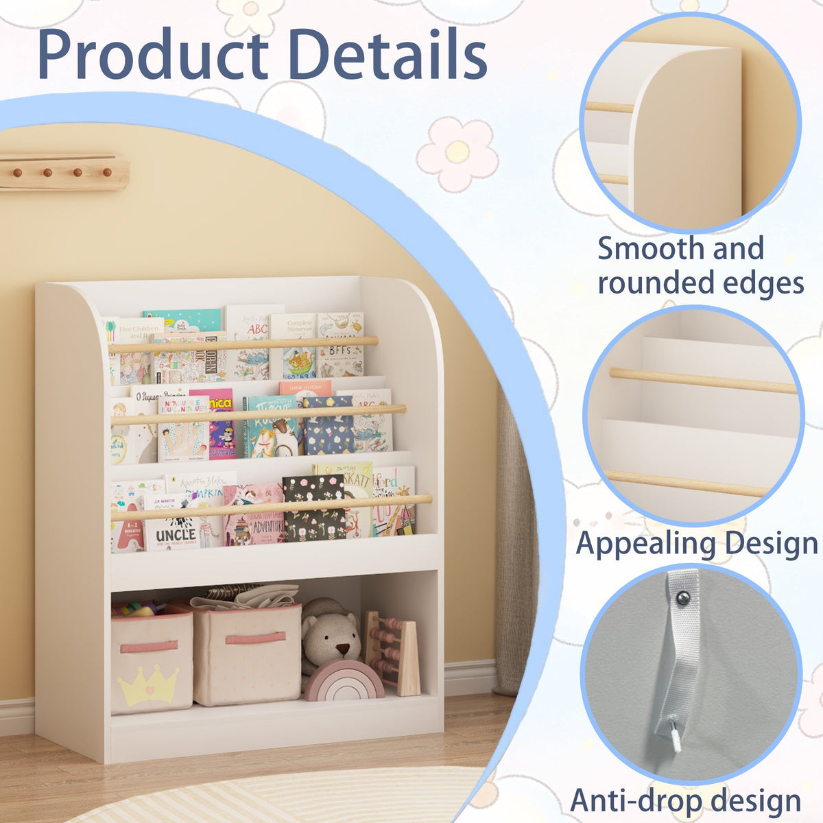 Kids Bookshelf with 3-Tier Front-Facing Display &amp; Toy Storage
