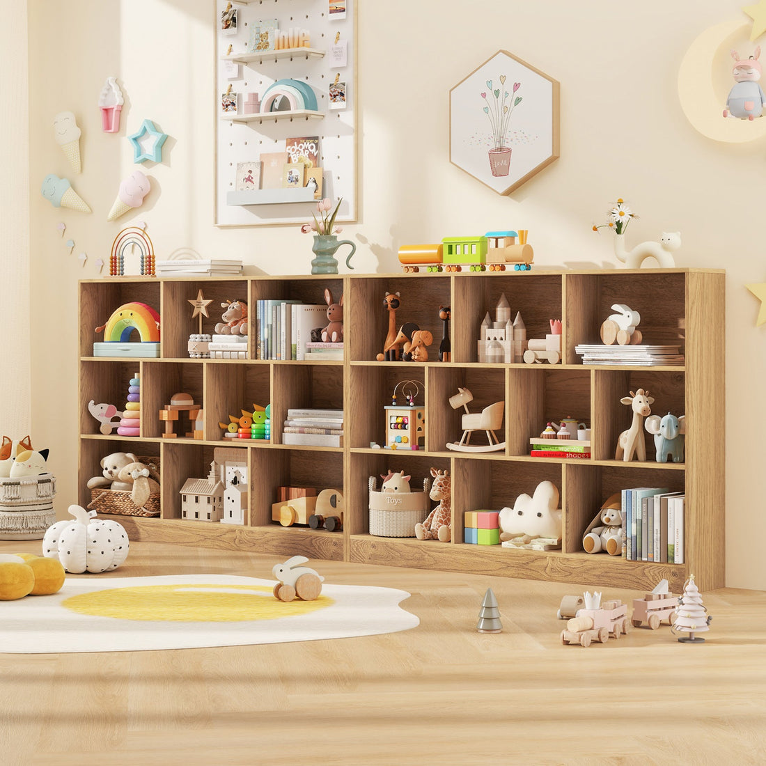 41 inches Wooden Toy Storage Organizer with 10 Cubes for Classroom Daycare Nursery Kindergarten-Natural