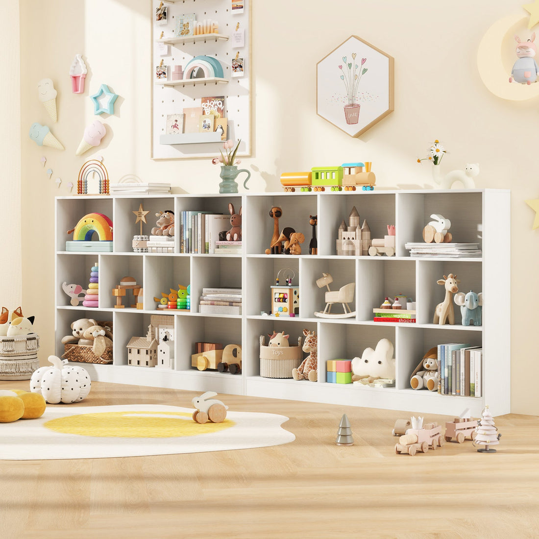 41 inches Wooden Toy Storage Organizer with 10 Cubes for Classroom Daycare Nursery Kindergarten-White