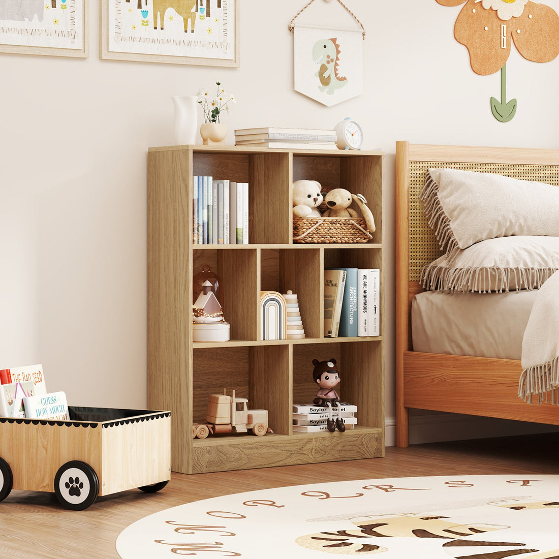 7-Section Freestanding Bookshelf for Kids Room Classroom Daycare Nursery-Natural