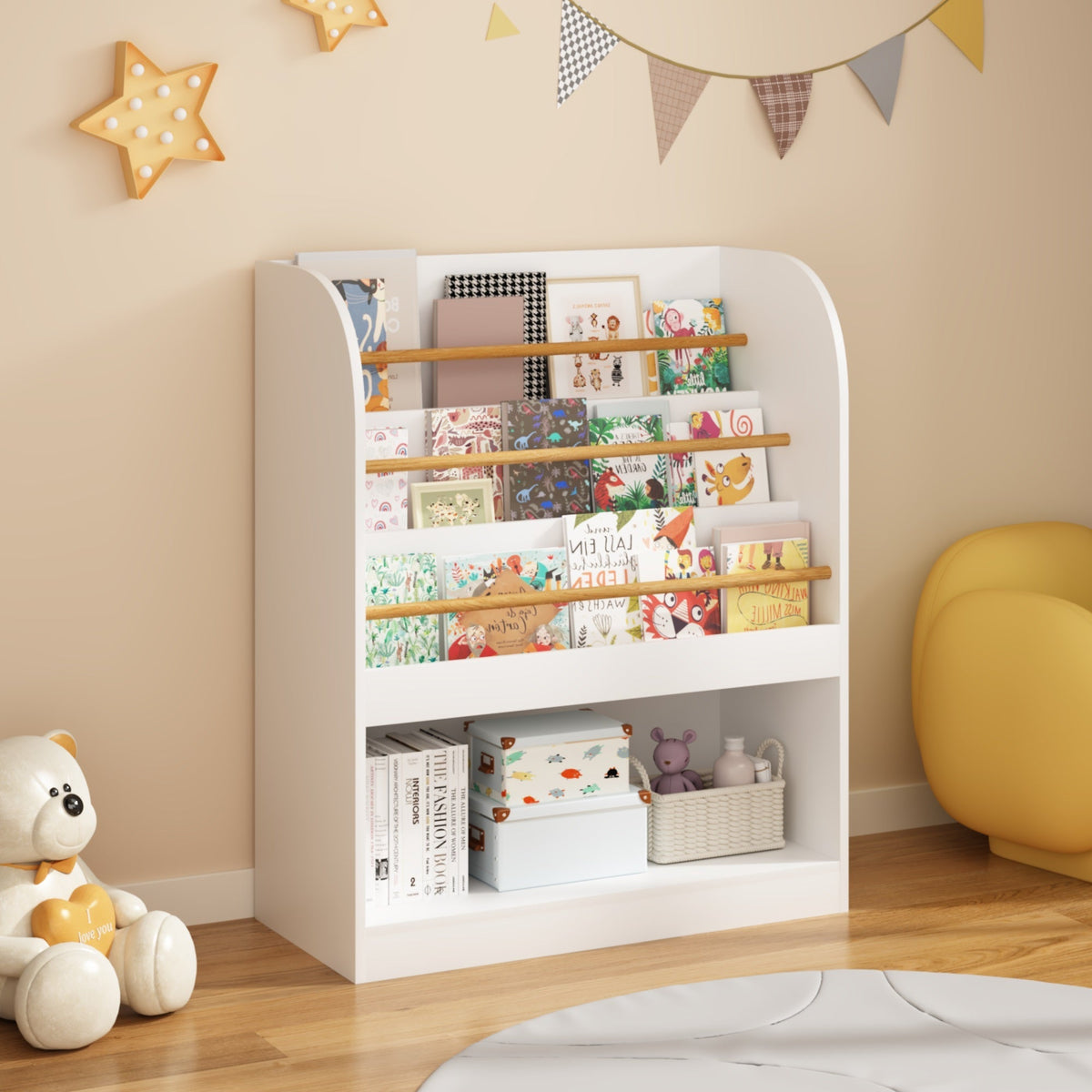 Kids Bookshelf with 3-Tier Front-Facing Display &amp; Toy Storage