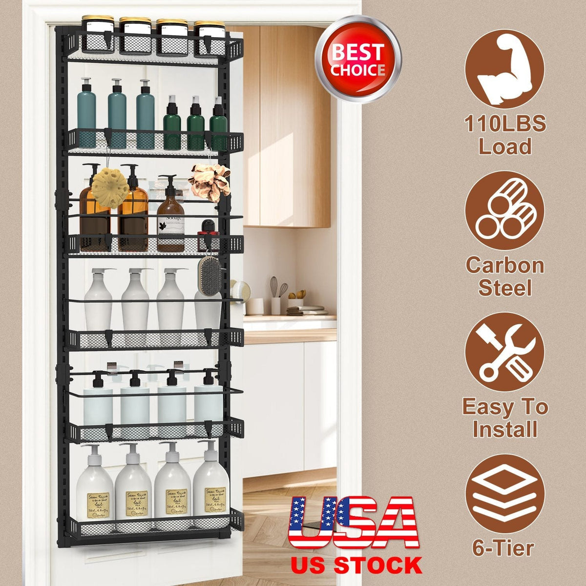Over The Door Pantry Organizer 6-Tier Pantry Door Organizer Carbon Steel 110LBS Loading Easy Install Behind Door Storage For Closet Kitchen Bathroom 5