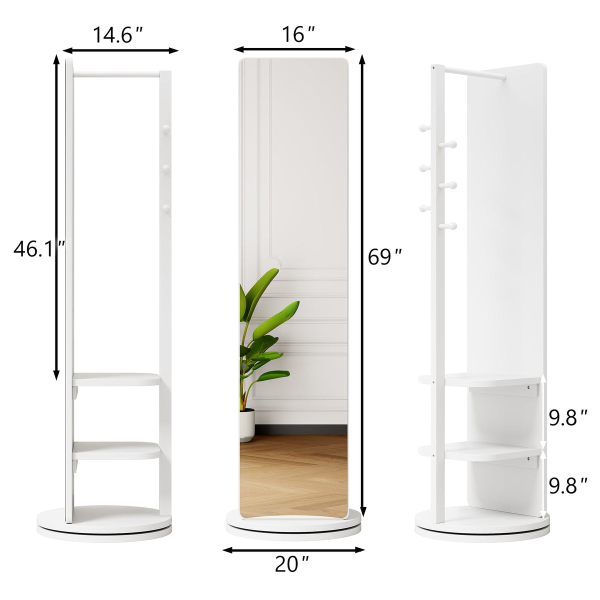 360° Rotating Full Length Mirror with Hook Storage Rack