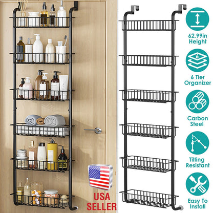 6 Tier Over Door Pantry Organizer Hanging Hooks Door Storage Rack Carbon Steel Basket 62.99in Over Door Shelf for Kitchen Bathroom