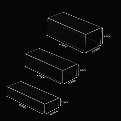 Clear Riser Display Shelf 3pcs, Desktop Rectangular Acrylic Display Shelves Storage Organizer, Acrylic Stands for Funko Pop Figure, Bags, Shoes, Spice Jars, Skincare, Cosmetics - 12-2&