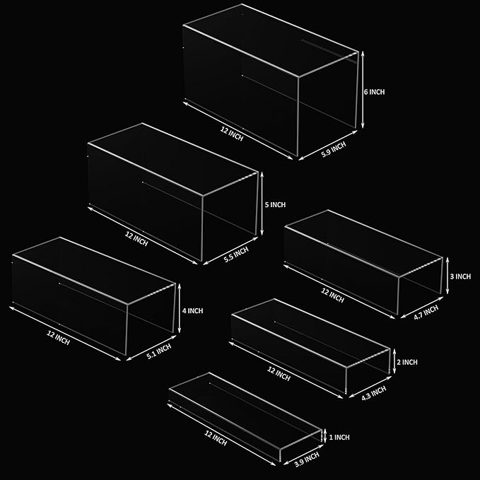 Rectangular Acrylic Display Risers 6pcs, Clear Display Storage Stands, Acrylic Display for Funko Pop Figure, Desserts, Cupcake, Toys, Collectibles, Merchandises- 12-1&