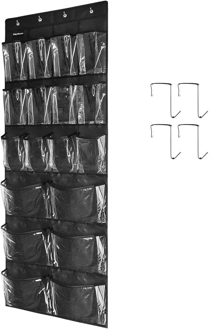 Extra Large Hanging Over Door Shoe Organiser, Closet Shoe Rack – 12+6 Crystal Pockets, 4 Hooks, Blac
