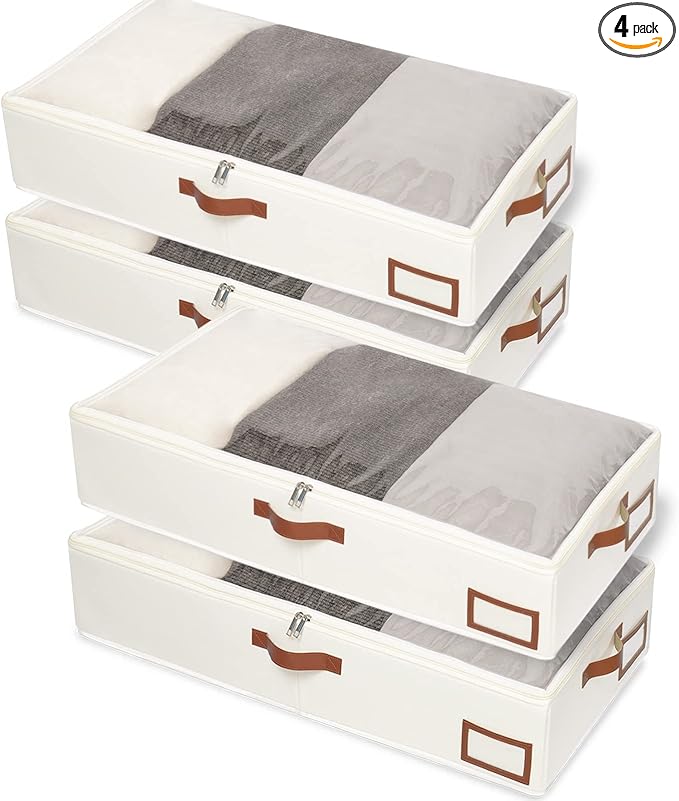 Yawinhe Under Bed Storage Containers, 4 Pack, Bin with Lids, Collapsible Closet Organizers, with Sorting Card Slot and 4 Leather Handles, for Blanket, Bedding, 31.5&