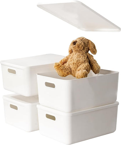 4 pack large plastic White storage bins Baskets, Toy Box Chest with Lids and Handle，Organizer Containers for Baby，Kids,snacks,Nursery，Shelves，Playroom, Bedroom，Office,Closet，home