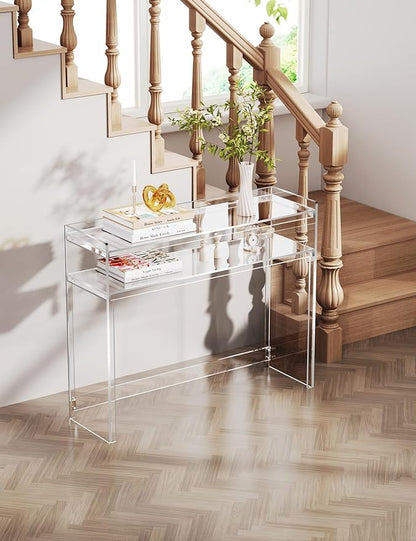 Acrylic Console Table, Entryway Table with Storage Shelves (1, 39.4 * 31.5 * 11.7) (Clear)