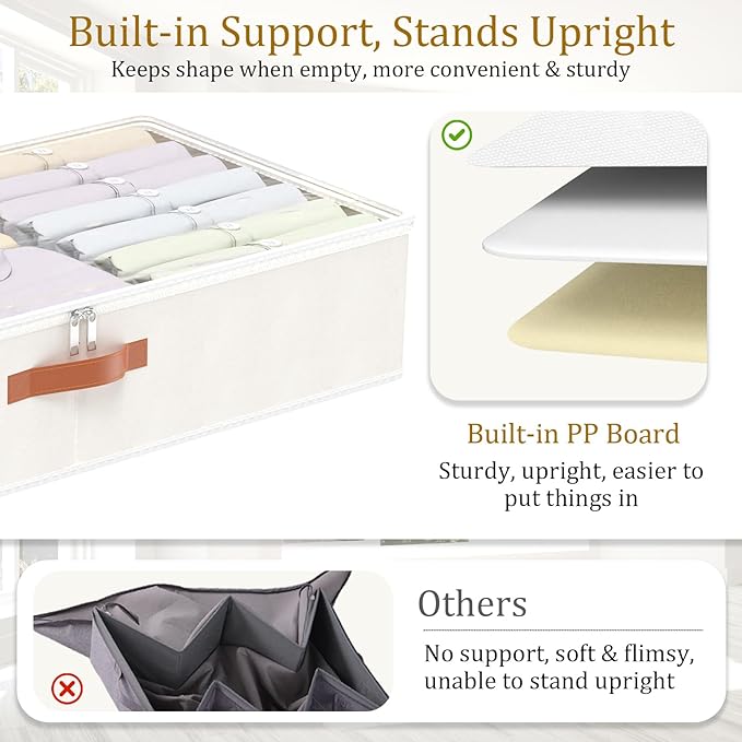 Yawinhe Under Bed Storage Containers, 4 Pack, Bin with Lids, Collapsible Closet Organizers, with Sorting Card Slot and 4 Leather Handles, for Blanket, Bedding, 31.5&