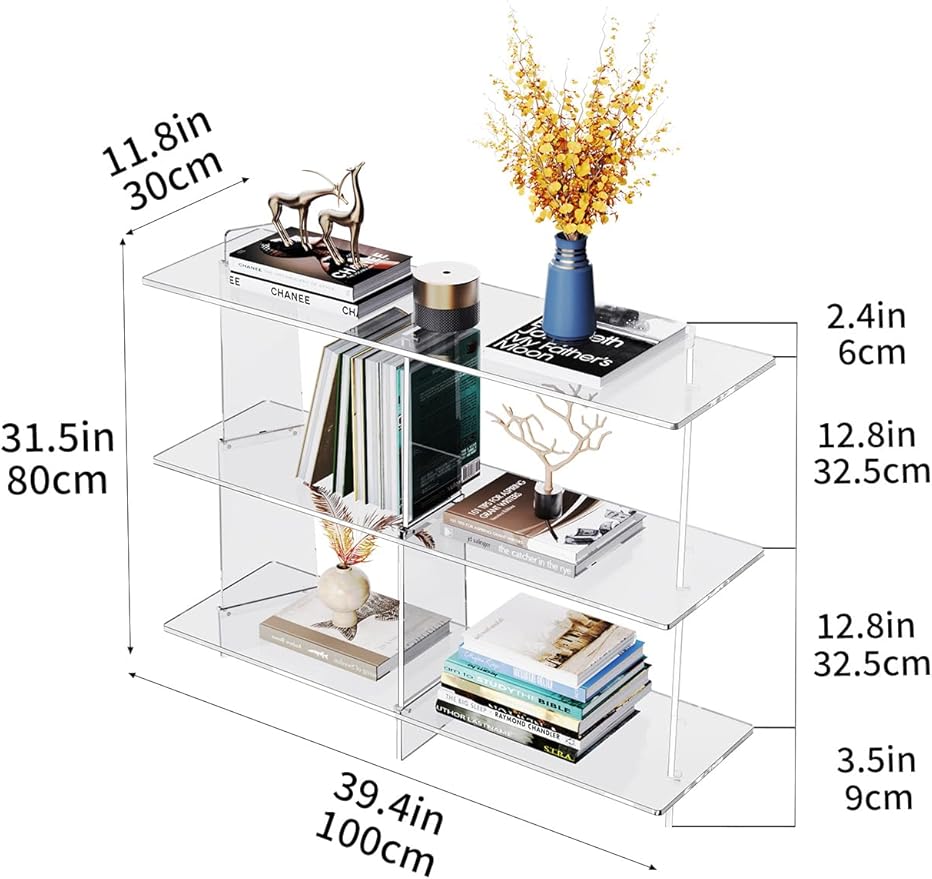 Acrylic Bookshelf, Small 3 Tier Open Bookcase for Small Spaces,Sofa Table, Hallway Entry Table for Home Living Room (Clear, 39.4&
