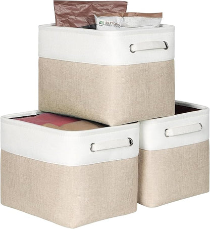 Kntiwiwo Foldable Storage Bin Collapsible Basket 12" x 10" x 9.5" Cube Storage Organizer Bins with Dual Carry Handles for Home Closet Shelves Drawers Organizer, Set of 3, Beige