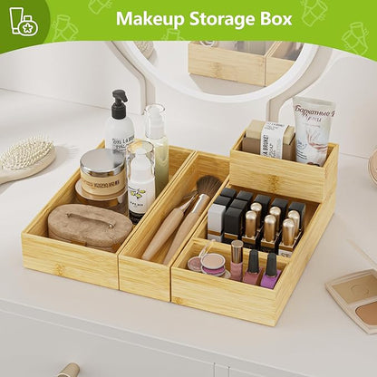 Silverware Bamboo Drawer Organizer Tray, 4 PCS Kitchen Drawer Organizer Storage for Utensil Cutlery, Bathroom, Office Desk, Makeup