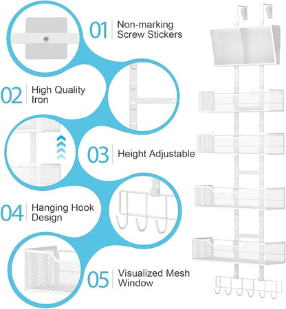 Adjustable Over The Door Organizer, Hanging Door Storage with PVC Pocket and 4 Metal Baskets Wall Mount, Closet Door Organizer Behind Door Rack for Bathroom Bedroom Closet, White