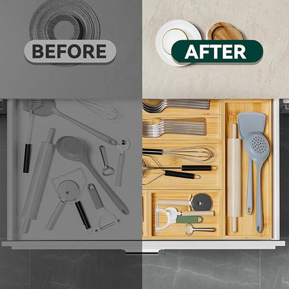 Bamboo Kitchen Drawer Organizer, Stackable Utensil Holder Silverware Organizer Cutlery Tray - 2PCS Organizer Bins for Makeup Jewelries Flatware in Bathroom, Office Desk, Cabinets, 15x6x2 inch