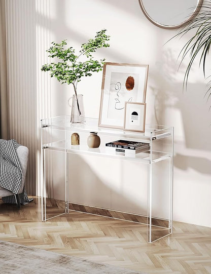 Acrylic Console Table, Entryway Table with Storage Shelves (1, 39.4 * 31.5 * 11.7) (Clear)
