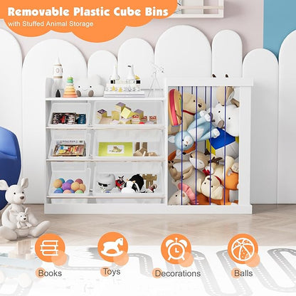 Kids Toy Storage Organizer with 3 Removable Plastic Bins Toddler Montessori Bookshelf with Stuffed Animal Net Holder Baby Bookcase Plush Organizer for Playroom, Bedroom,Kids Room,Classroom,Nursery