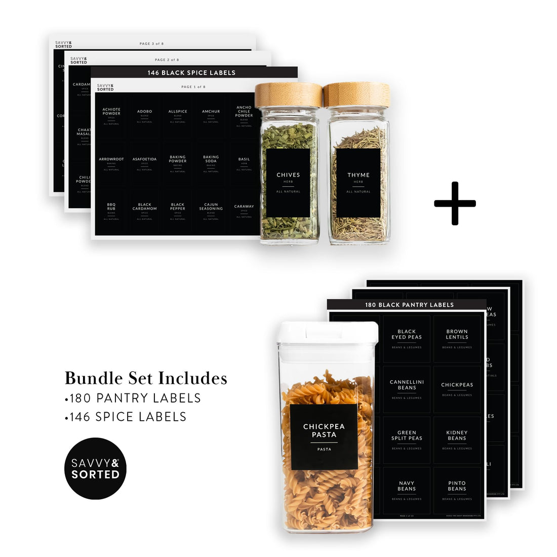 Black Labels Kitchen Pantry Organization Bundle - Spice Labels + Pantry Labels for Containers - Minimalist Kitchen Labels Stickers Set - Labels for Spice Jars - Pantry Sticker Labels