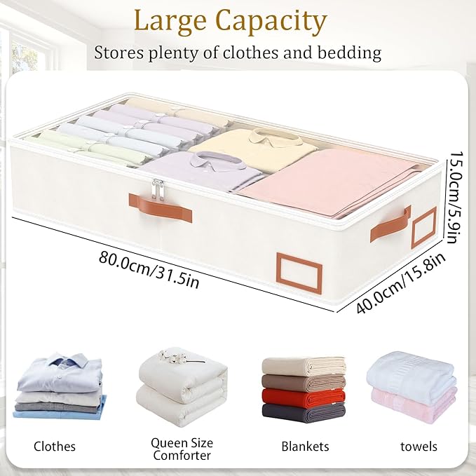 Yawinhe Under Bed Storage Containers, 4 Pack, Bin with Lids, Collapsible Closet Organizers, with Sorting Card Slot and 4 Leather Handles, for Blanket, Bedding, 31.5&