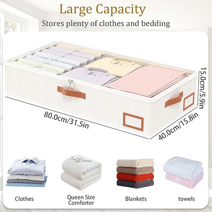 Yawinhe Under Bed Storage Containers, 4 Pack, Bin with Lids, Collapsible Closet Organizers, with Sorting Card Slot and 4 Leather Handles, for Blanket, Bedding, 31.5&