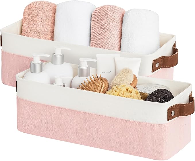 StorageWorks Narrow Storage Bins, Small Basket for Closet and Shelves, Fabric Organizer with Handles, Toilet Paper Storage, Pink and White, 2-Pack
