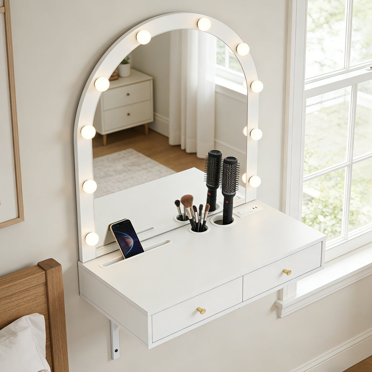 Floating Makeup Vanity Desk with Mirror &amp; 3-Color Lights