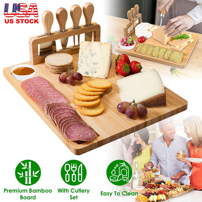 Bamboo Cheese Board Charcuterie Cheese Platter Board Serving Tray with Cutlery Set for Wedding Birthdays Christmas