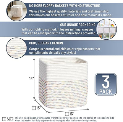NaturalCozy 13 Inch Cube Storage Bins Cotton Rope Woven Baskets for Organizing 3-Pack | 13 x 13 Storage Cubes | Fabric Square Storage Baskets for Shelves Organizer, Kids Toy Bins, Closet Baby Nursery