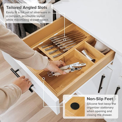 Premium Silverware and Utensil Drawer Organizers – Slanted 3-Compartment and 5-Compartment Design, Labeled Slots, Non-Slip Feet, 100% Sustainable Bamboo, 2 Pack