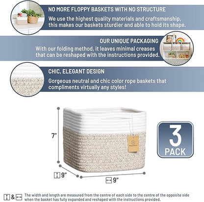 NaturalCozy Storage Cubes 9”x9”x7”Cotton Rope Woven Baskets for Organizing 3-Pack | 9 Inch Cube Storage Bin | Small Basket for Shelf Nursery, Pantry, Decorative Plant, Bathroom Closet, Toy Gift
