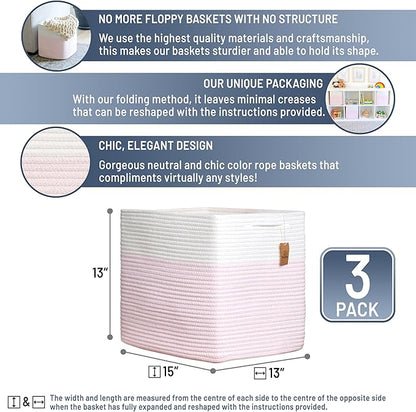 NaturalCozy 13x15x13 Kallax Storage Cubes, 3 Pack | Cotton Rope Cube Storage Bins Woven Baskets for Organizing | Kallax Insert Baskets for Shelves Organizer, Kids Toy, Pantry, Closet, Baby Nursery