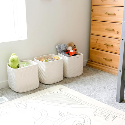 NaturalCozy 13 Inch Cube Storage Bins Cotton Rope Woven Baskets for Organizing 3-Pack | 13 x 13 Storage Cubes | Fabric Square Storage Baskets for Shelves Organizer, Kids Toy Bins, Closet Baby Nursery