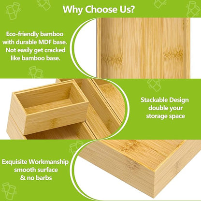 Silverware Bamboo Drawer Organizer Tray, 4 PCS Kitchen Drawer Organizer Storage for Utensil Cutlery, Bathroom, Office Desk, Makeup