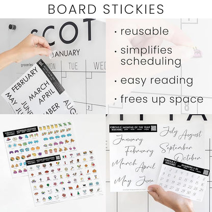 Board stickies for scheduling with text highlighting benefits on a white background