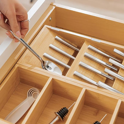Premium Silverware and Utensil Drawer Organizers – Slanted 3-Compartment and 5-Compartment Design, Labeled Slots, Non-Slip Feet, 100% Sustainable Bamboo, 2 Pack