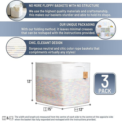 NaturalCozy 13x15x13 Kallax Storage Cubes Bins, 3 Pack | Cotton Rope Cube Storage Bin Woven Baskets for Organizing | Kallax Insert Storage Baskets for Shelves Organizer, Kids Toy, Closet Baby Nursery