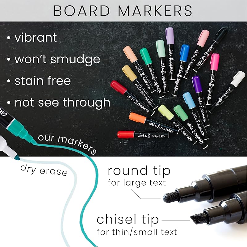 Board markers with color swatches and text on a black background