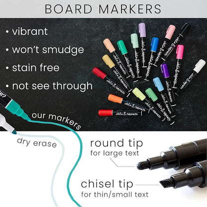 Board markers with color swatches and text on a black background