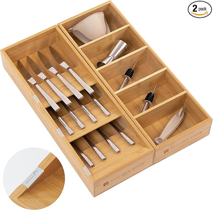 Bamboo Slanted Silverware &amp; Utensil Drawer Organisers – 2 Pack