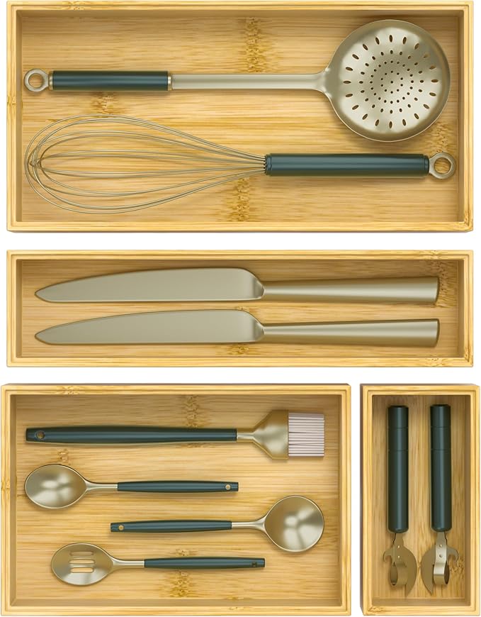 Set of kitchen utensils including a whisk, ladle, knives, and spoons in a wooden organizer.